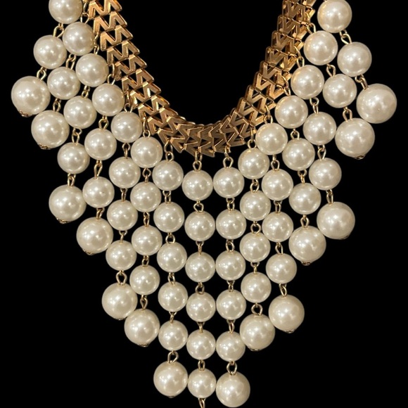 Gold Tone 2 Broke Girls Style Chevron Faux Pearl Choker Necklace - Picture 5 of 14